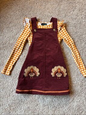Burgundy Corduroy Pinafore Dress with Turkey Appliqué
